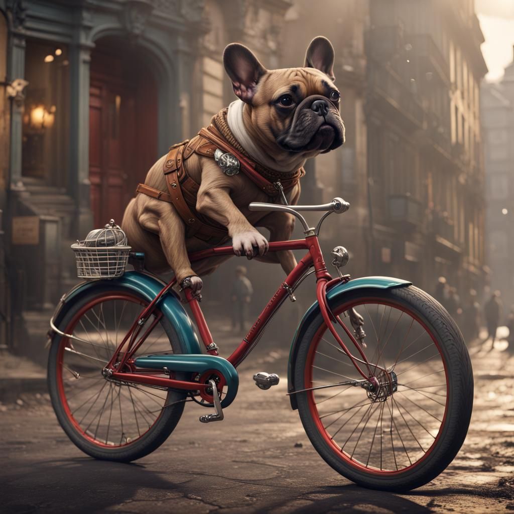 French Bulldog Rides Bicycle: Detailed Matte Painting
