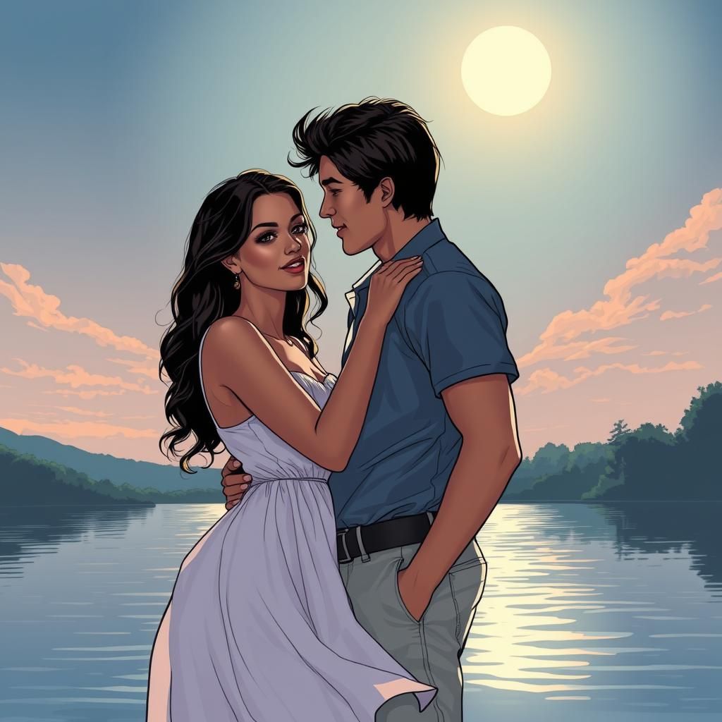 Romantic Lakeside Couple in Comic Book Style