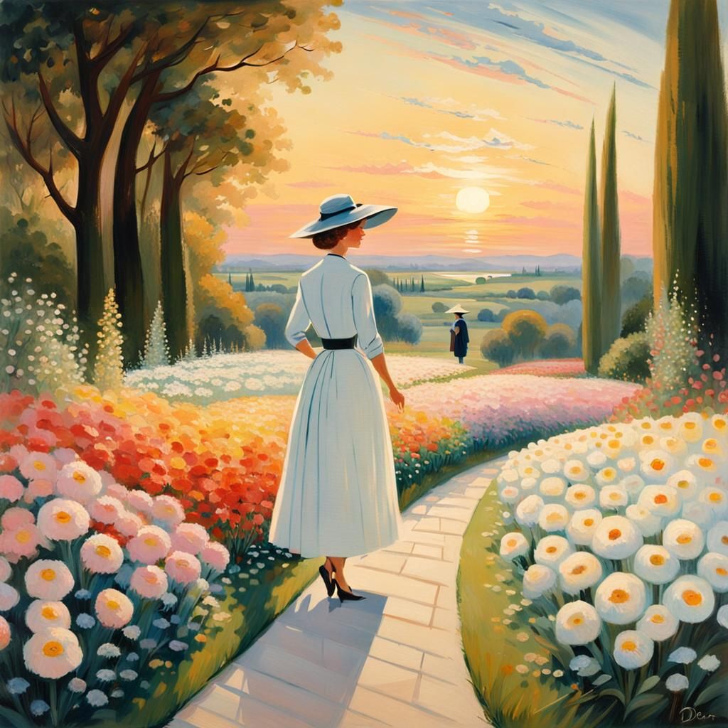 Woman in Garden at Sunrise: Fashion Illustration