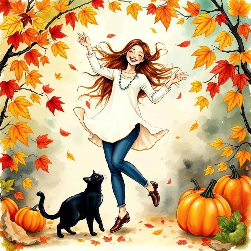 Woman Dancing Among Autumn Leaves with Black Cat