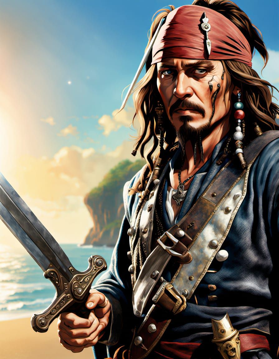 Jack Sparrow in Armor, Digital Illustration in Baroque Style