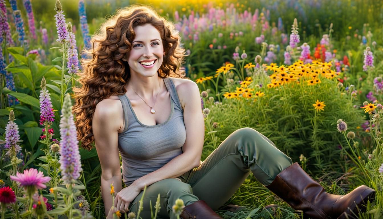 Woman with Auburn Hair in Wildflower Meadow