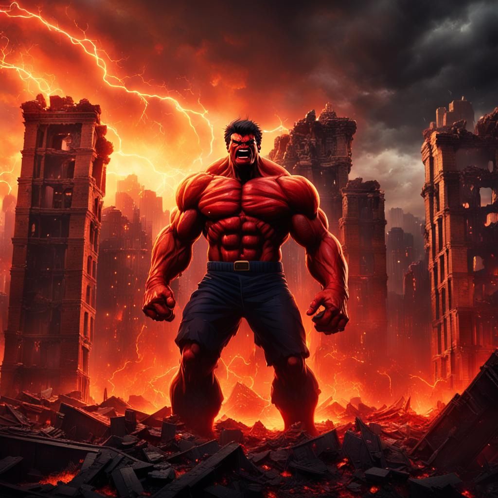 Red Hulk Roars in a Devastated Cityscape