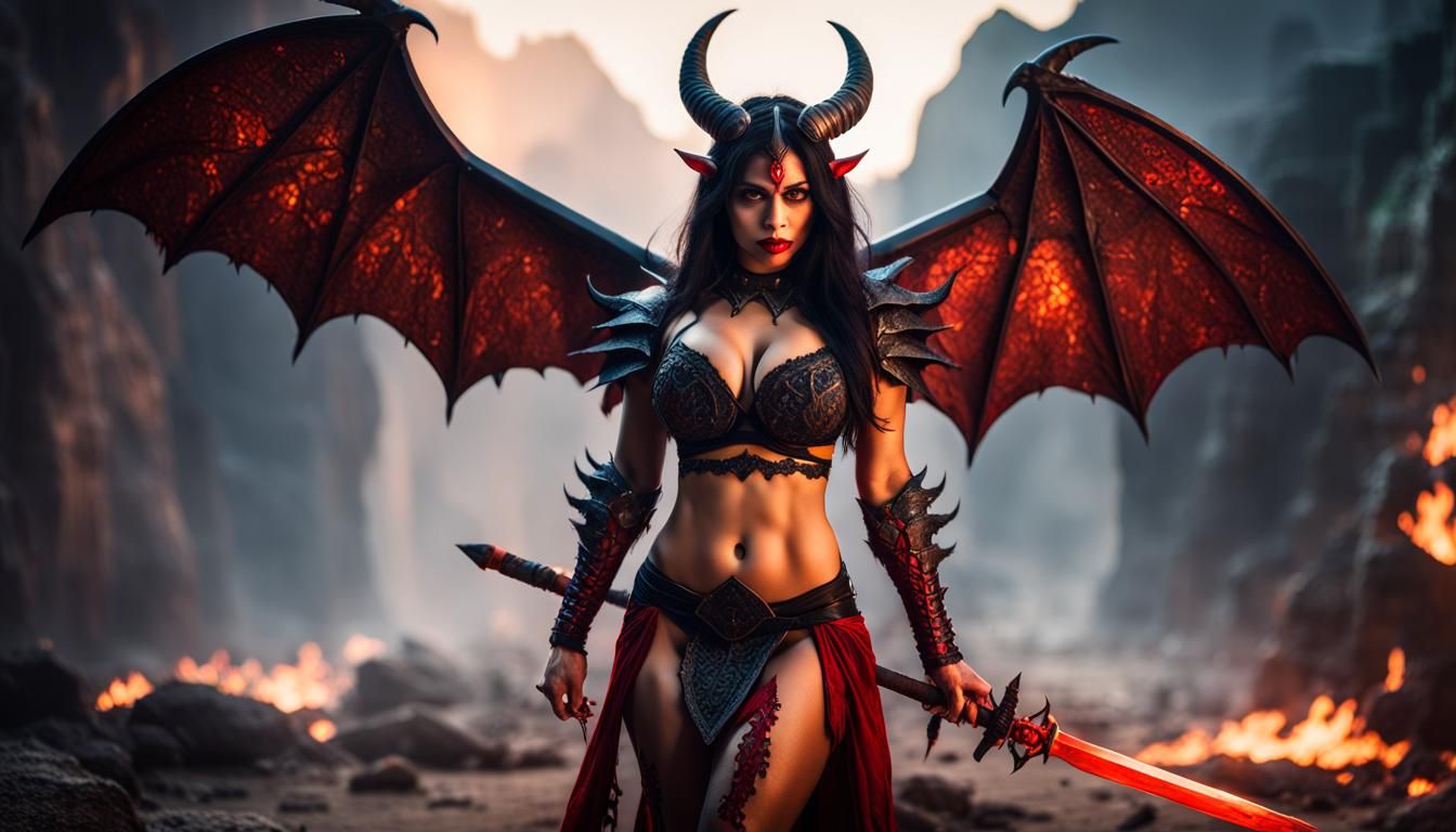 South Asian Demoness with Sword in Fiery Abyss