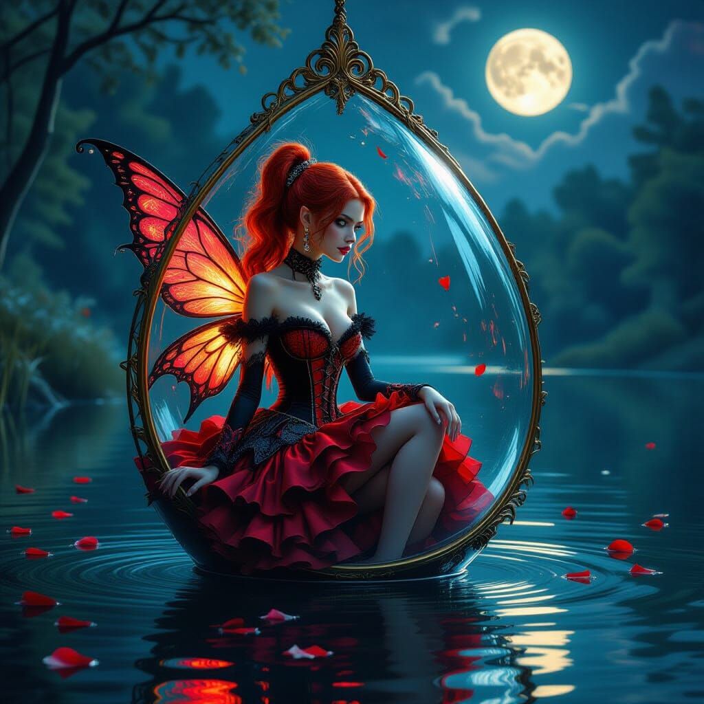 Gothic Fairy in Glass Terrarium with Red Hair