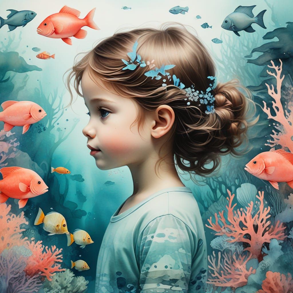 Child's Oceanic Watercolour Portrait with Underwater Creatur...