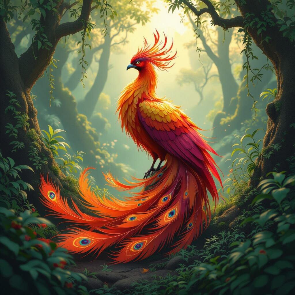 Phoenix in Lush Forest: Fantastical Realism