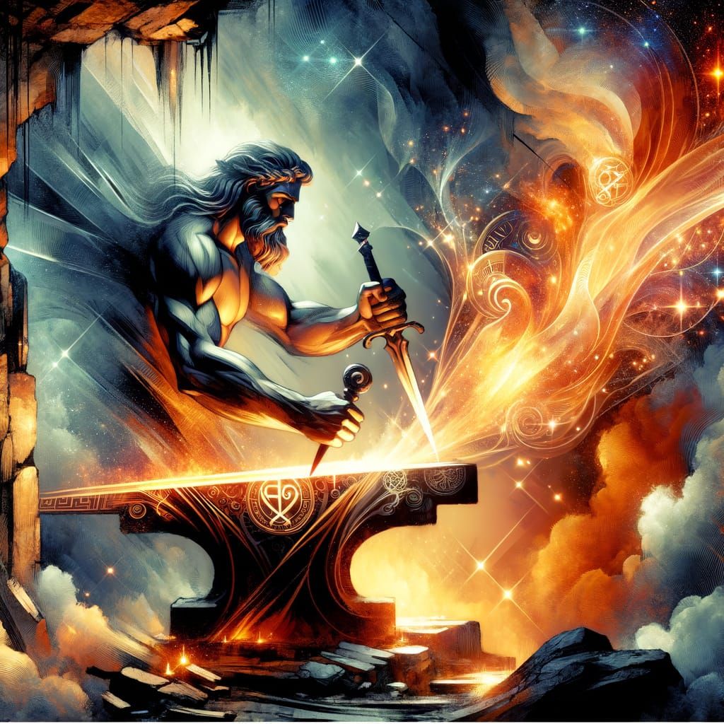 Hephaestus engraving runes onto the blade of the sword of fire in a cave outside Mount Olympus vivid details watercolour