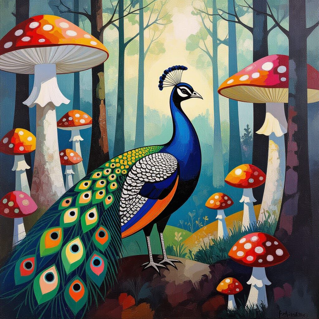 Dystopic Peacock in Mushroom Forest, Expressionist Painting