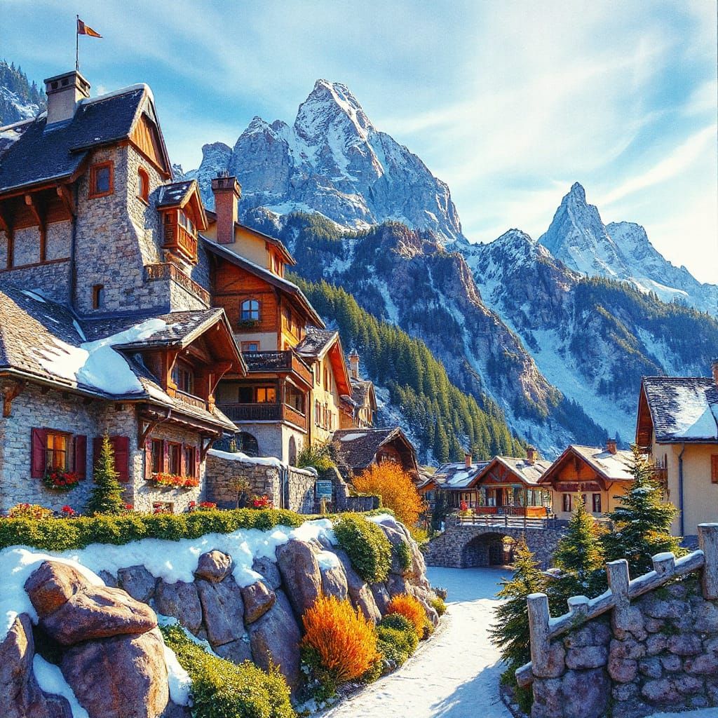 Vibrant Watercolor Swiss Alps Village in Snow