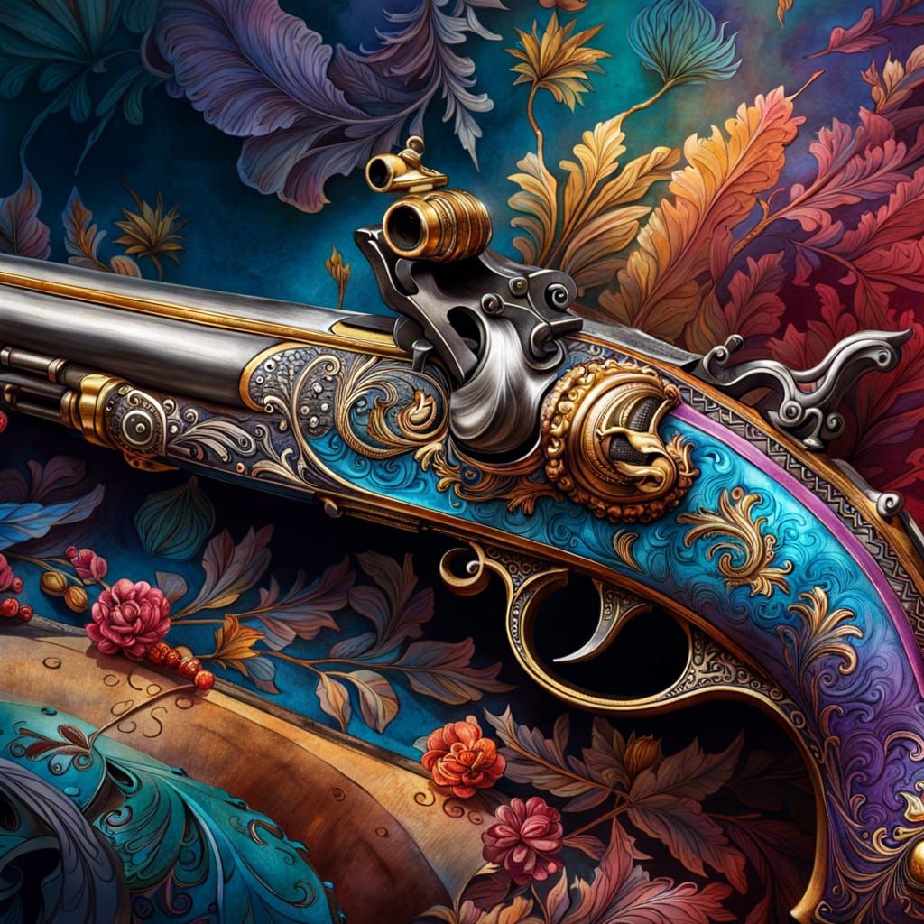 Ornate Flintlock Pistol in Fantasy Splash Art Style
