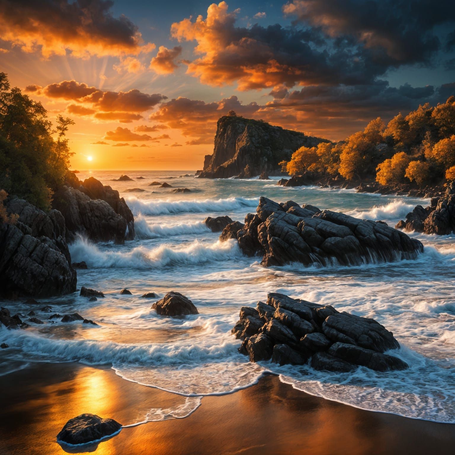 Vibrant Sunset Seascape with Hyperrealistic Details