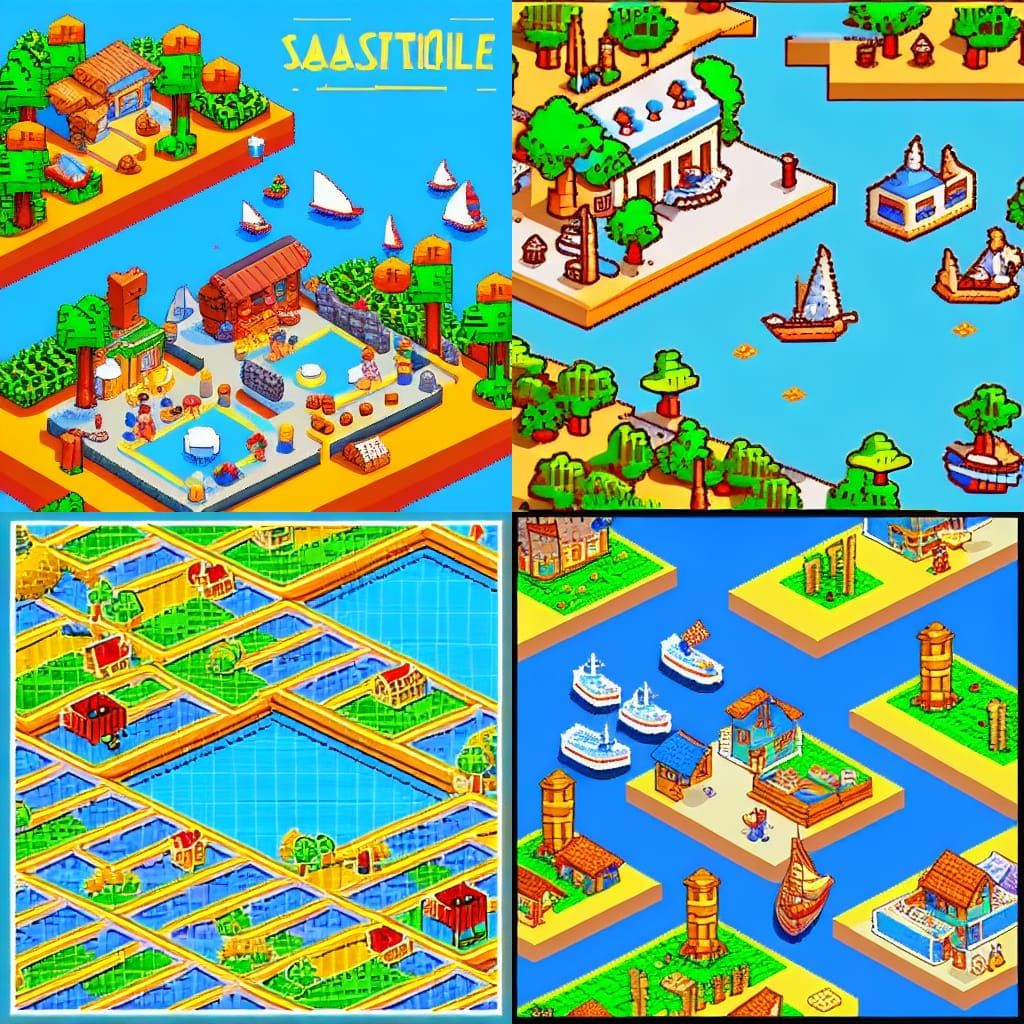 8-bit Pixel Art Seaside Village in Isometric View