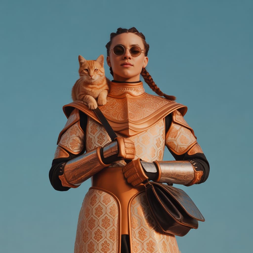 Person in Ornate Armor with Ginger Cat