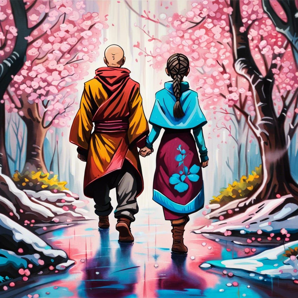 Katara and Aang: Romantic Walk in Winter, Graffiti Art