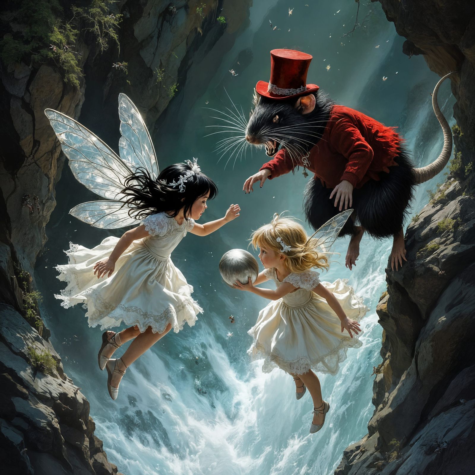 Fairy Girls Falling With Giant Rat in Red Hat