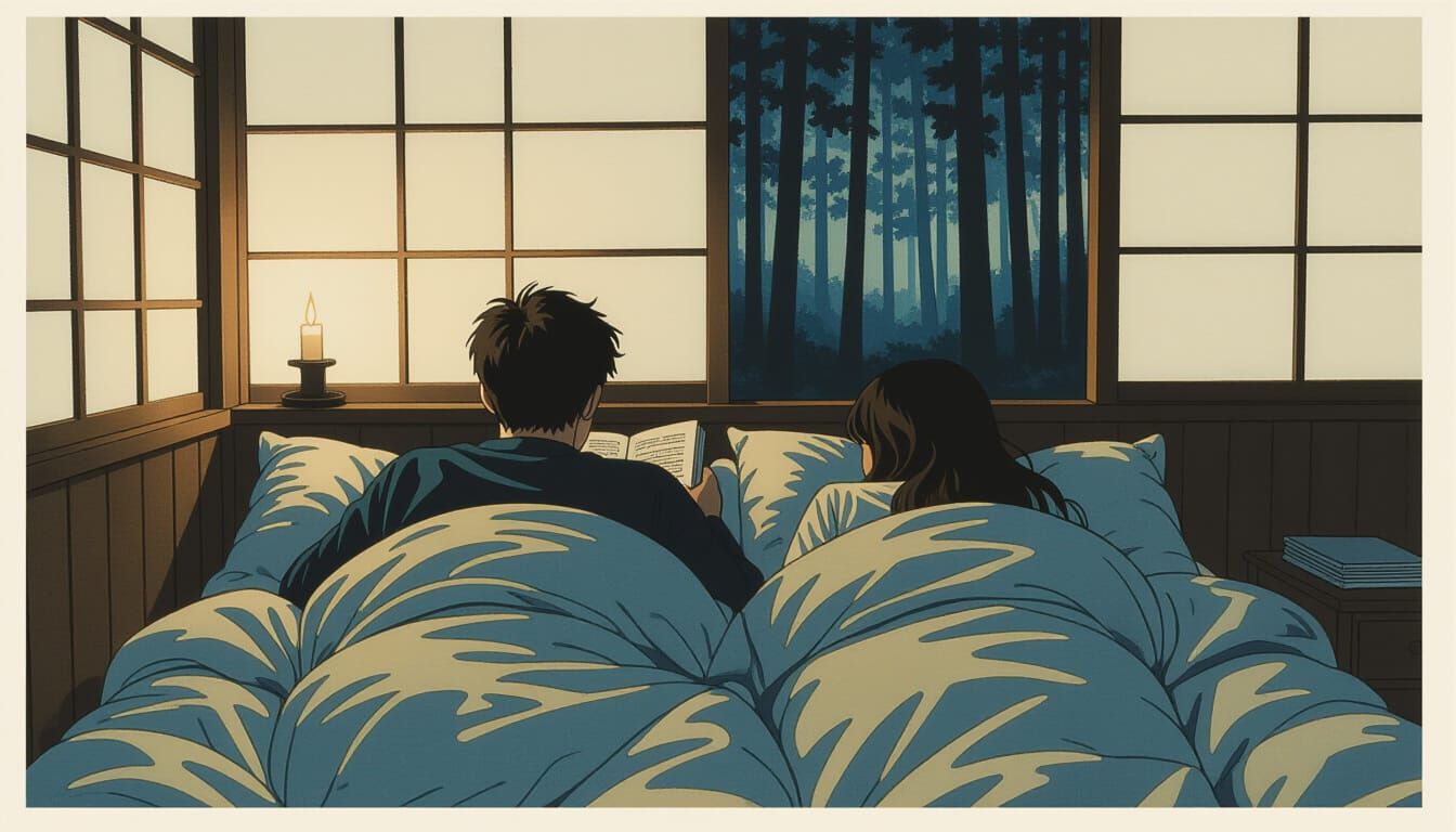 Couple in Dark Room Reading by Candlelight