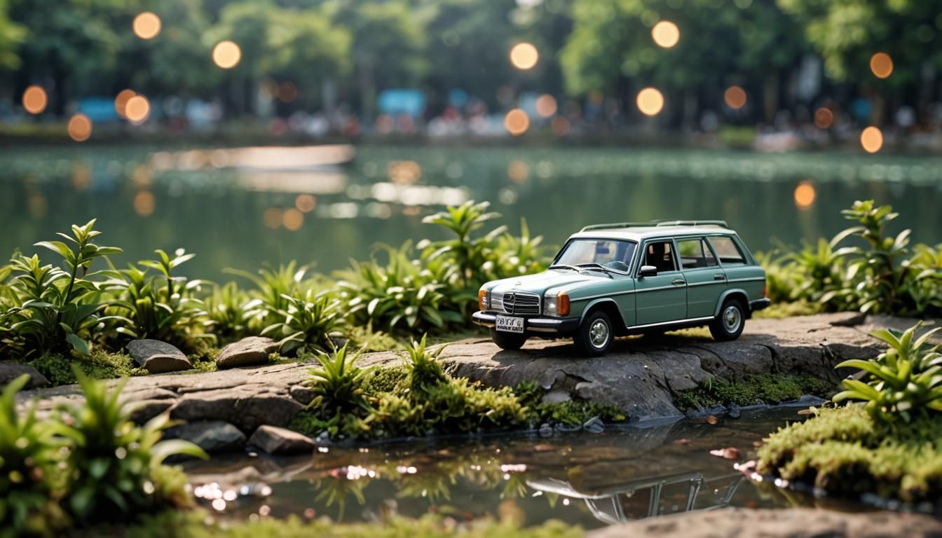 Miniature 3D 1985 Benz with Lake Backdrop