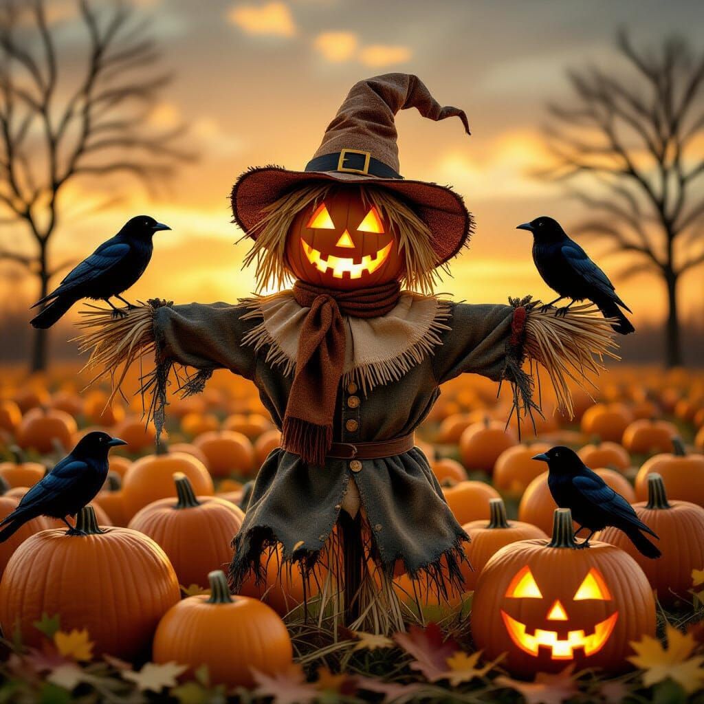 Whimsical Scarecrow Halloween Scene with Crows and Pumpkins