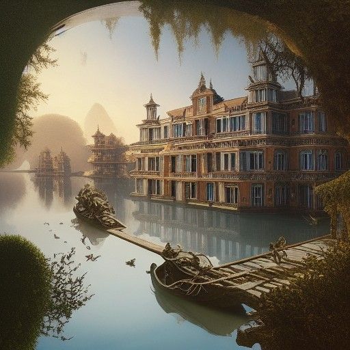 Surreal Mansion by Canal as Digital Art