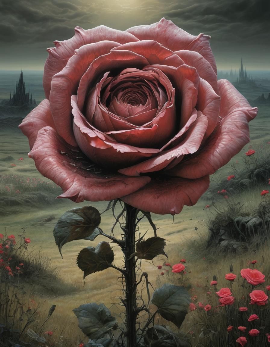 Surreal Giant Rose in Meadow: Dry Pastel Art