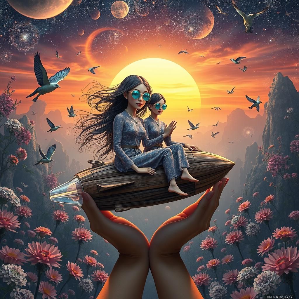 Surreal Sunset Galaxy: Woman with Recycled Spaceship