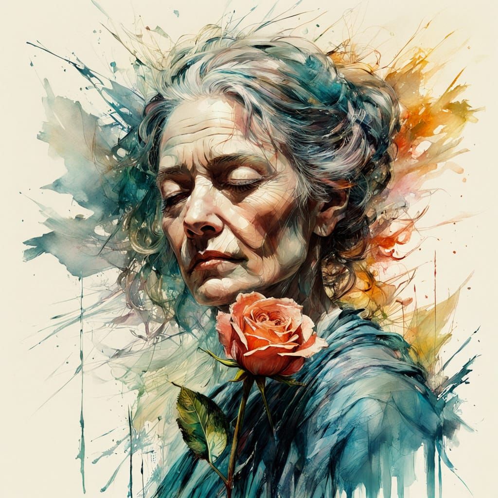 Reflective Woman with Rose in Ink Art Style