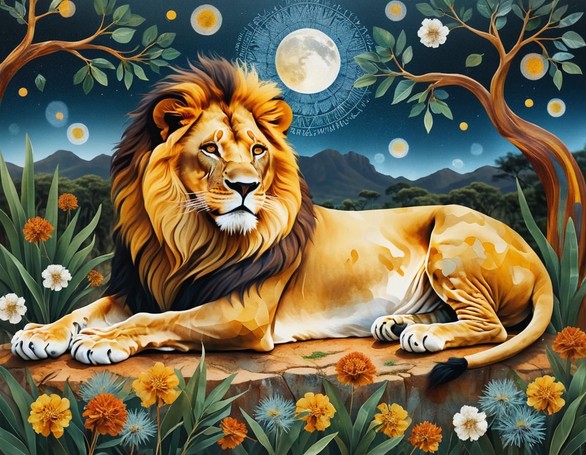 Surreal Lion Portrait with African Savannah Double Exposure