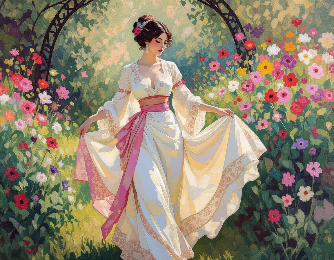 Impressionist Woman in Whimsical Garden Gouache Painting