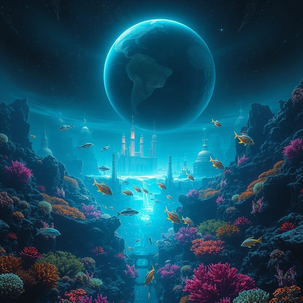 Underwater Neon City and Ruined Planet Above