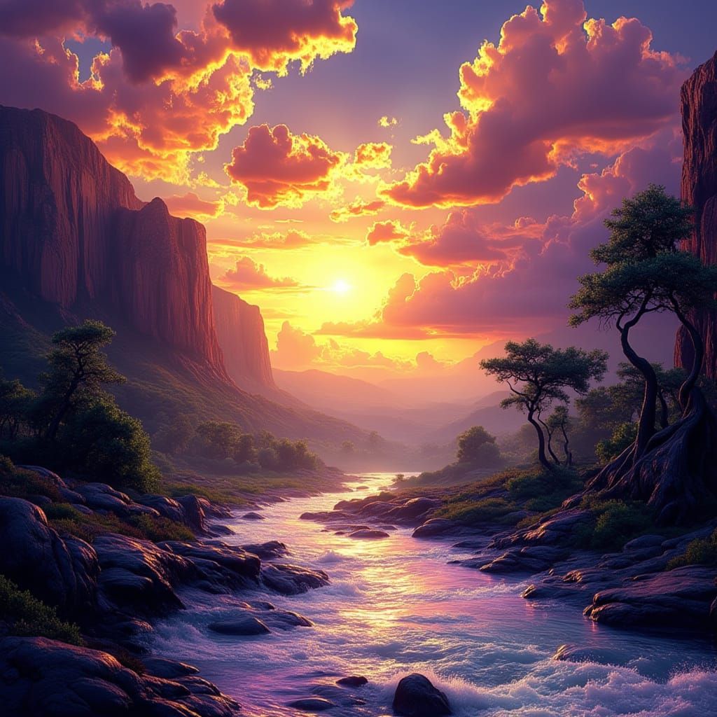 Vibrant Sunrise Over a Great Canyon River