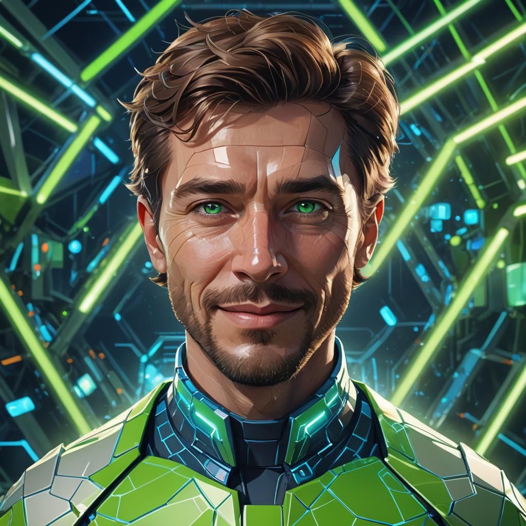 Futuristic Low-Poly Portrait of Ron in Sci-Fi Lab