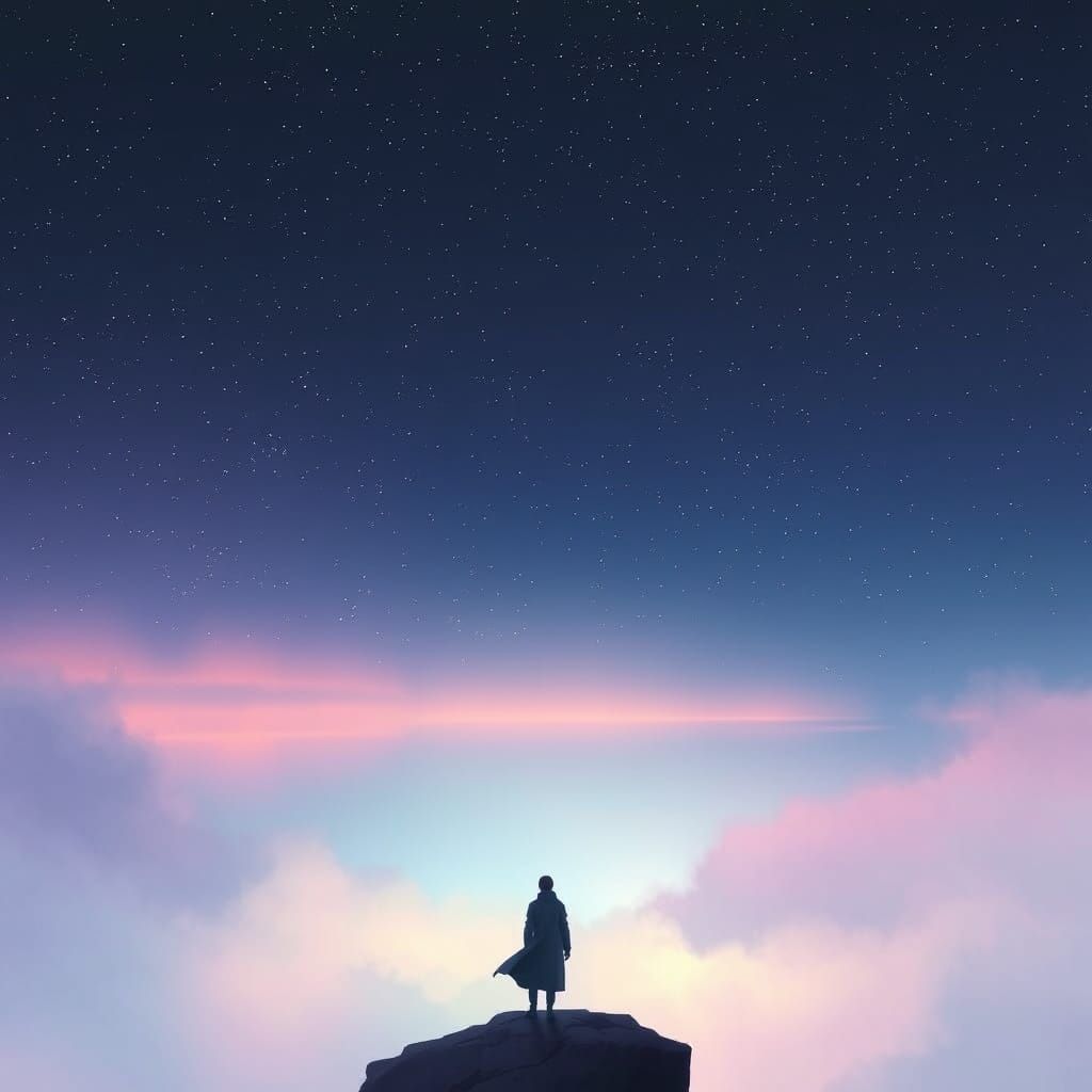 Lone Figure Gazes at Starry Expanse from Misty Cliff