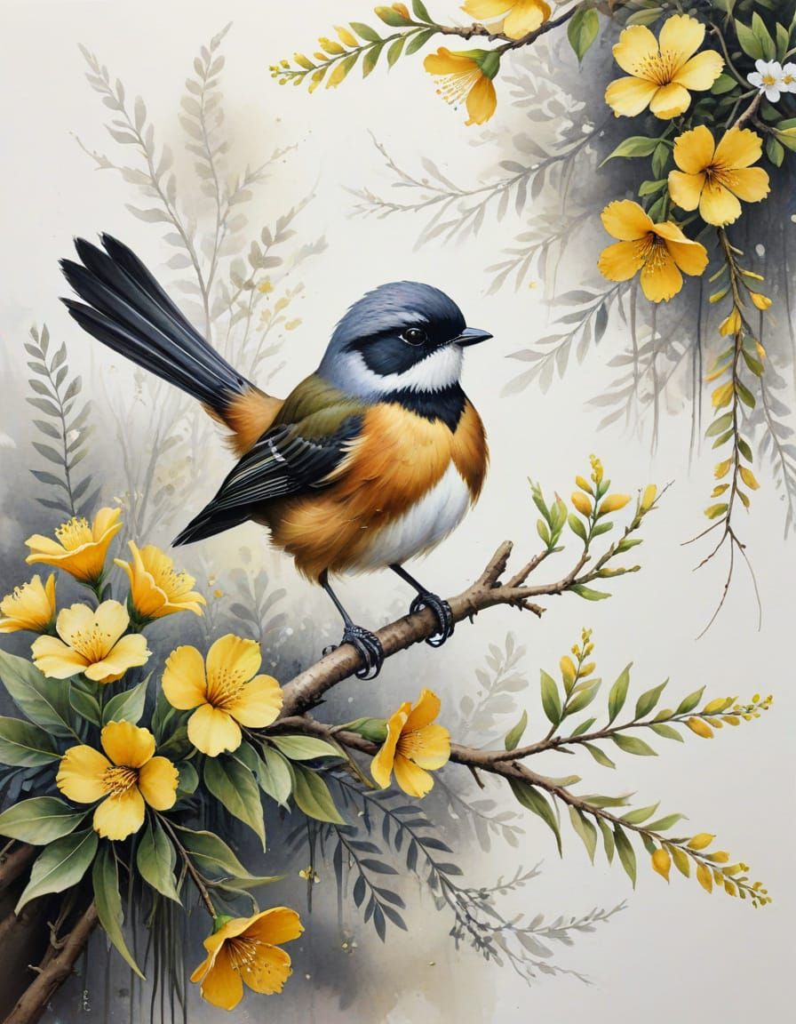 Lifelike Watercolor Painting of New Zealand Fantail in Kowha...