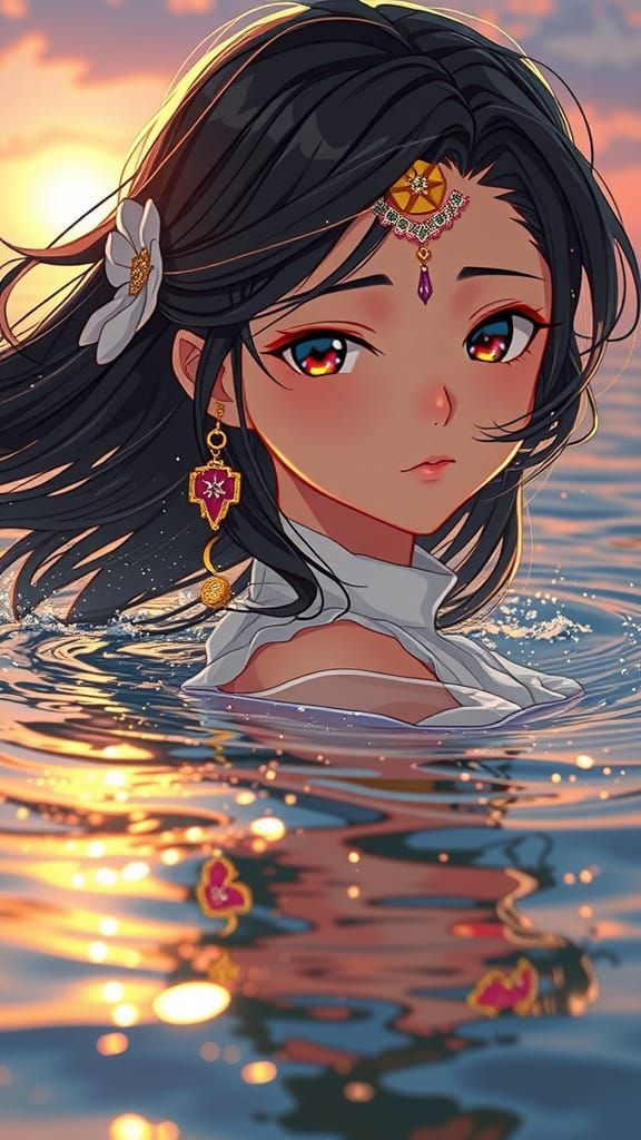 Anime Girl Floating on Water at Sunset