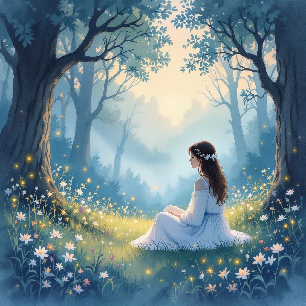 Twilight Forest Scene in Dreamy Watercolor Style