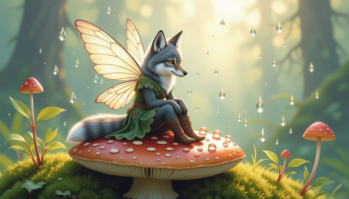 Fairy Wolf on Mushroom in Watercolor Realism
