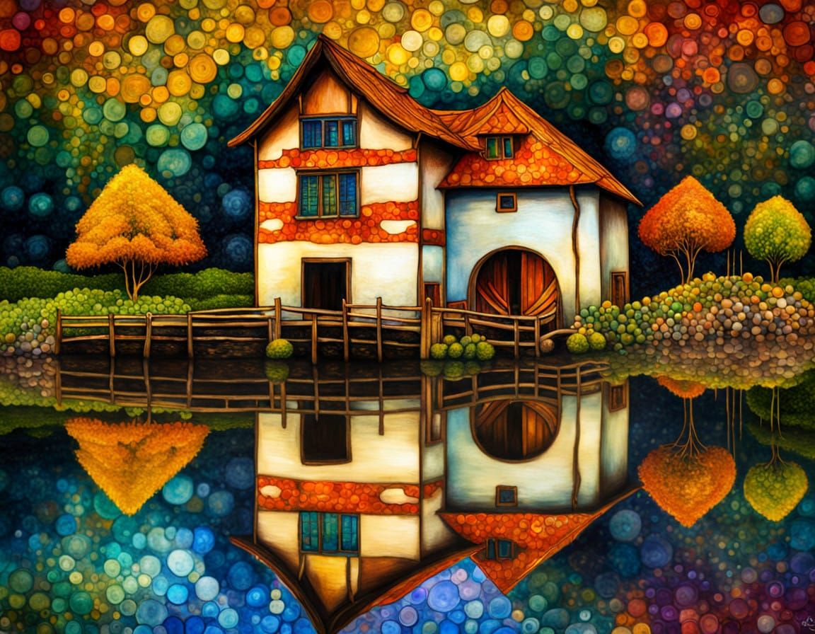 Night Watermill: Klimt-Inspired Iridescent Waterscape
