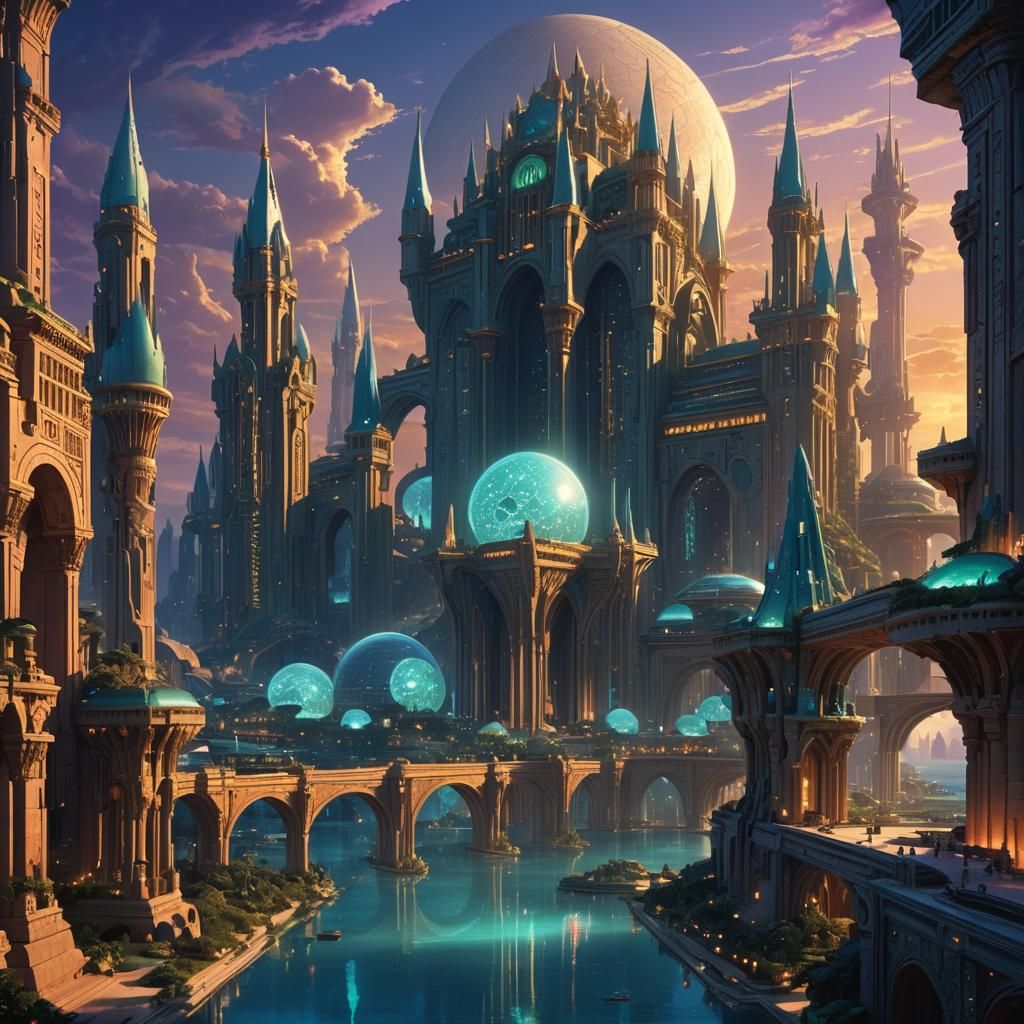 Atlantis Cityscape at Dusk: Fantasy Concept Art