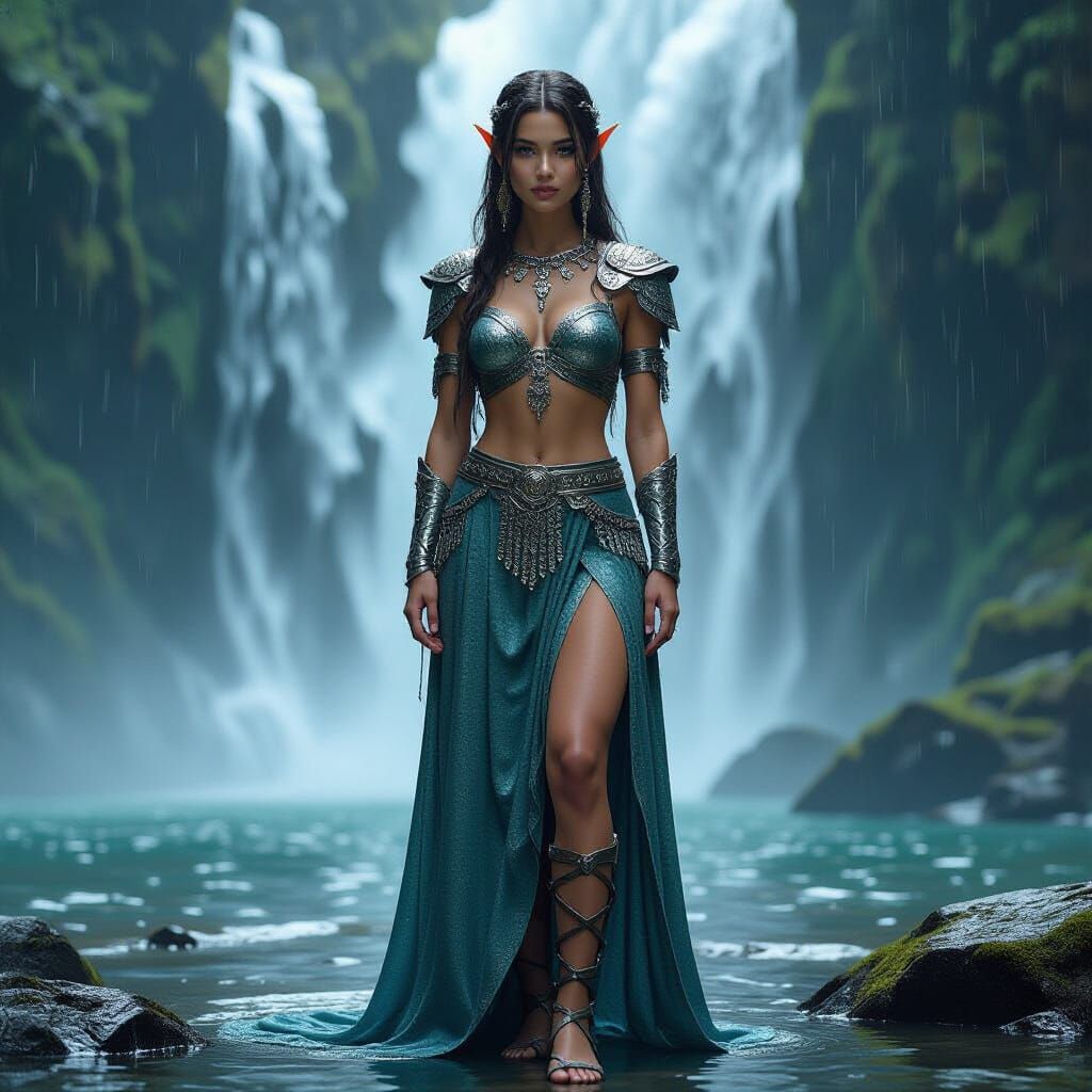 Elegant Elf Maiden by Waterfall in Hyperrealistic Style
