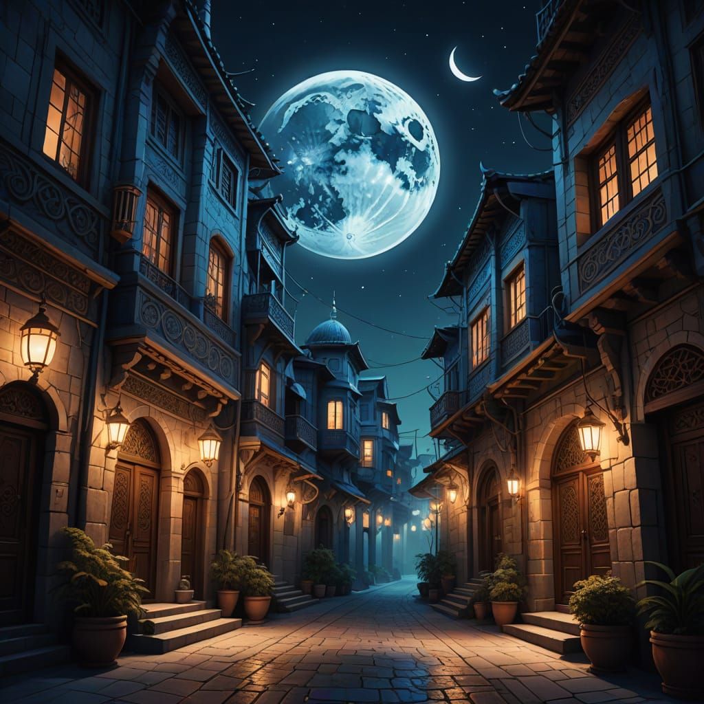 Moonlit Turkish Street Scene in Anime-Inspired Art Style