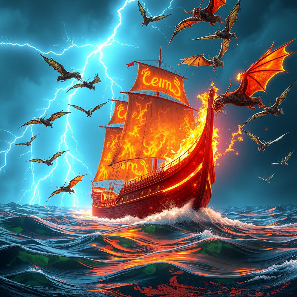 Fiery Ship Sails Fluorescent Sea with Dragons in Anime Style