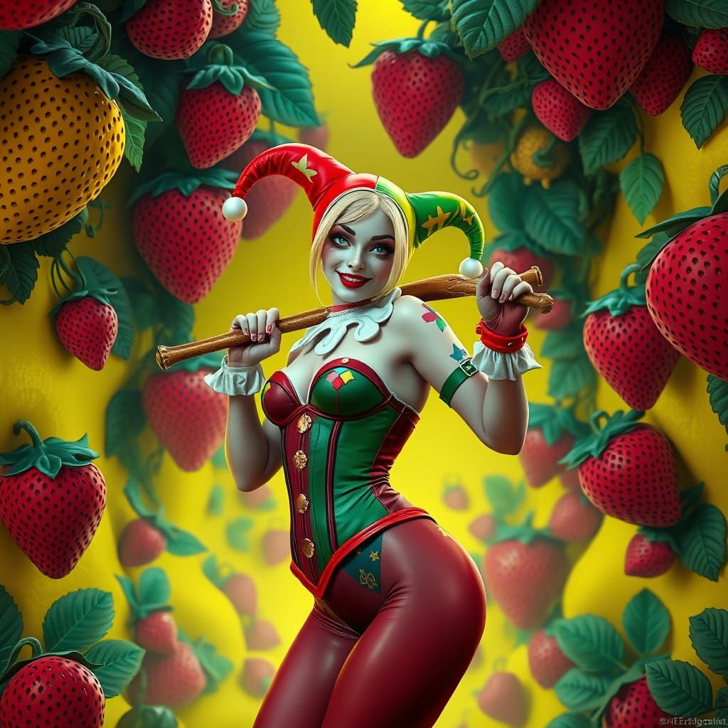 Surrealistic Harley Quinn in Vibrant Yellow Dreamscape with....