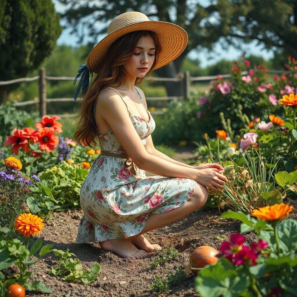 Woman Gardening in Lush Cottage Garden: Hyperrealistic Style