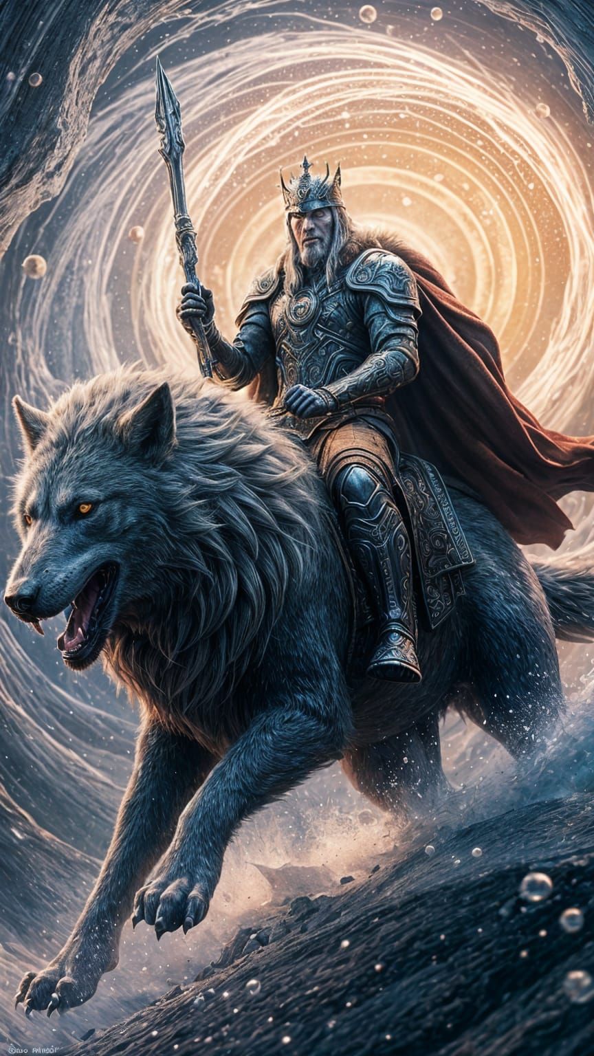 Futuristic King Odin Rides Fenrir in Mystic Realm
