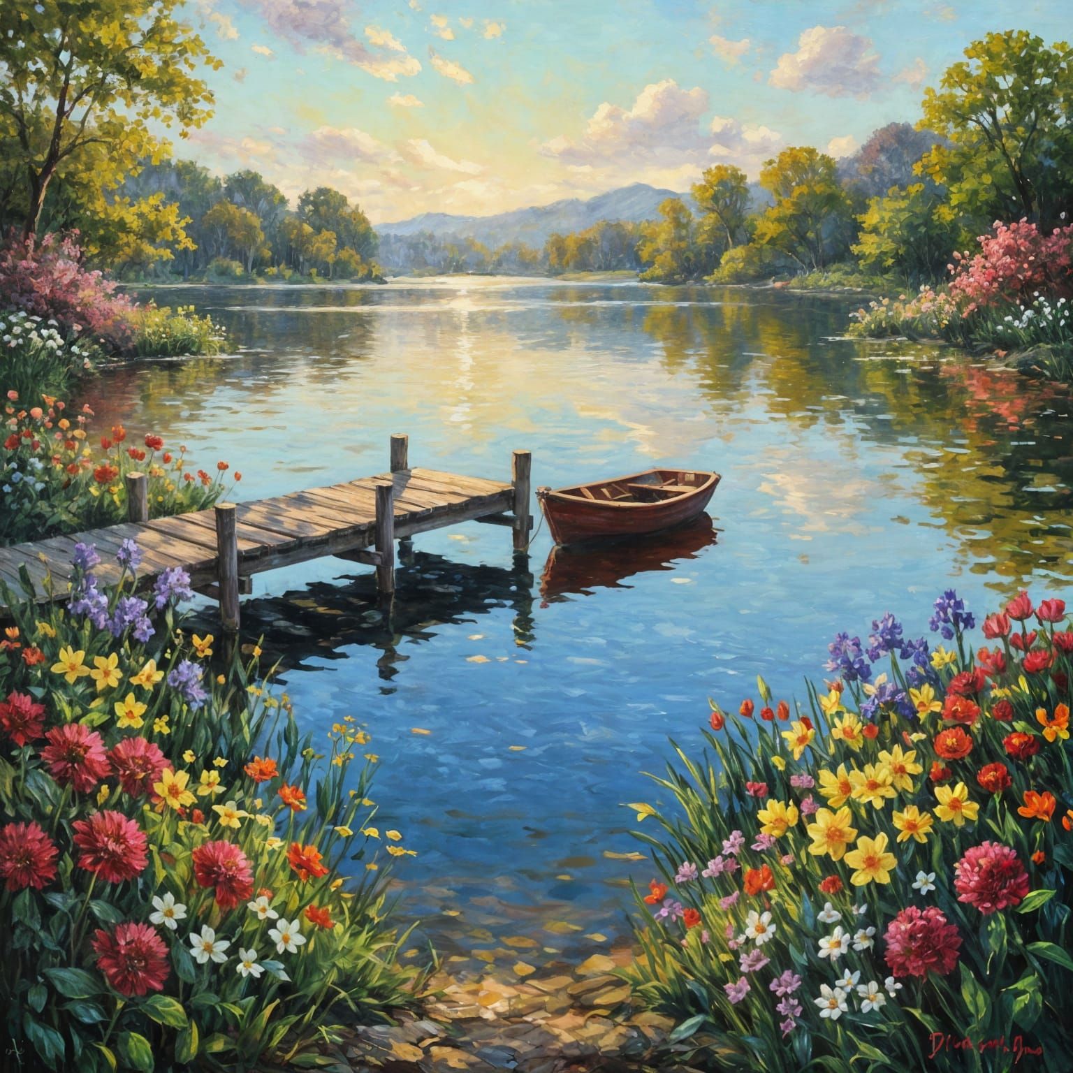 Spring Flowers Bloom by Boat Dock on Bright Day