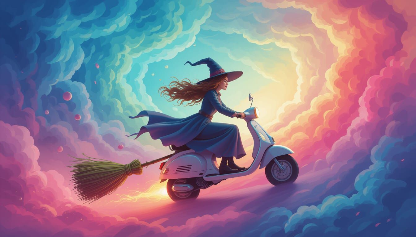 Witch Rides Abstract Scooter Through Candy Storm