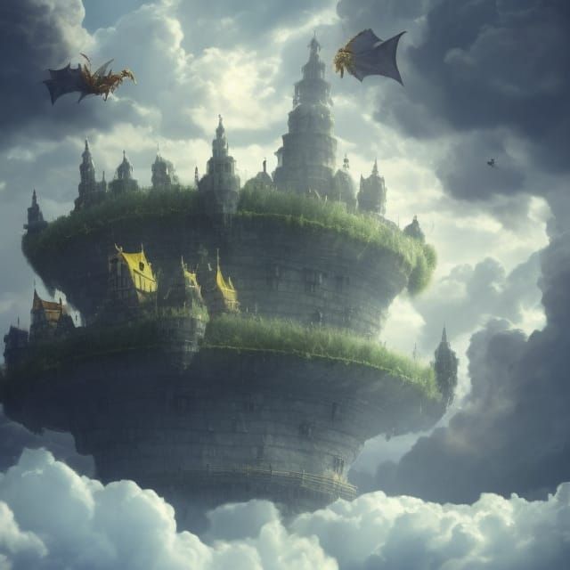 Majestic Floating Castle with Dragons in the Sky