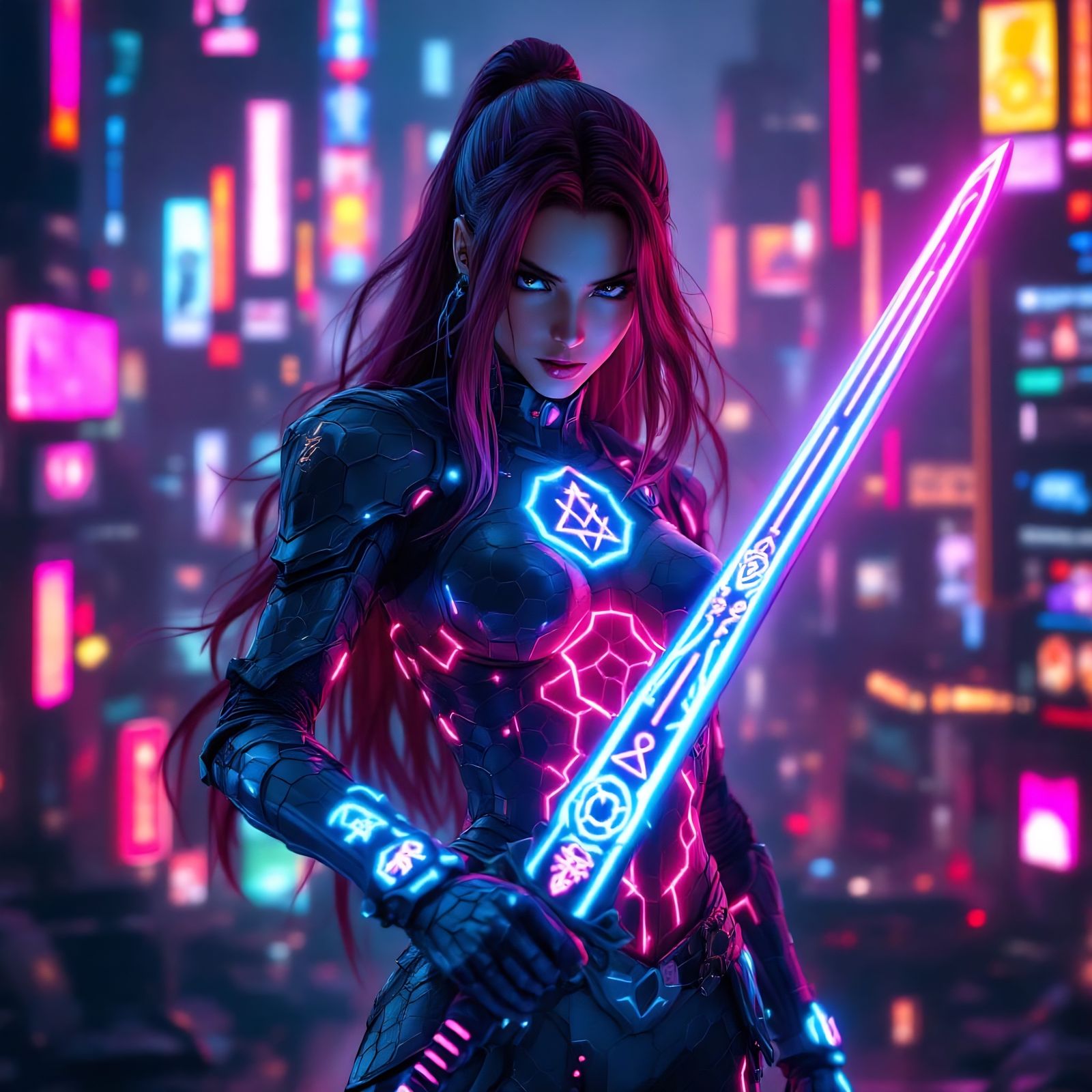 Neon-Punk Erza Scarlet in Futuristic Cityscape