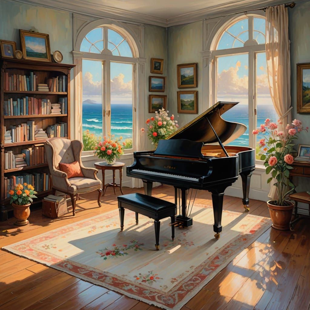 Sunlit Ocean Room with Grand Piano as Impressionist Painting